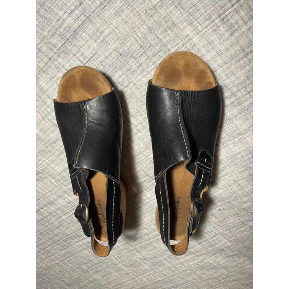 Clarks Elements Women's Leather Black Buckle Wedge Cork Heel Sandal Size 7M - Picture 3 of 13